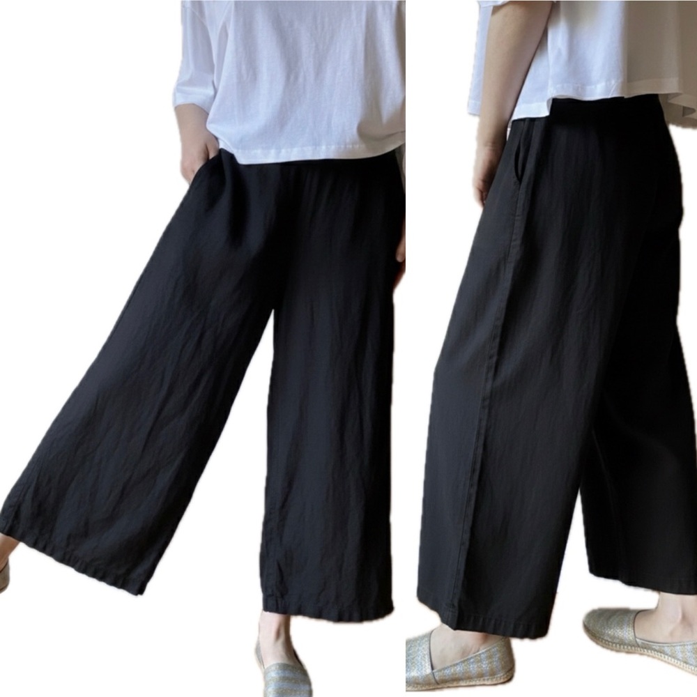 H Halston Linen Wide Leg Crop Black Pants with Pockets Size 4